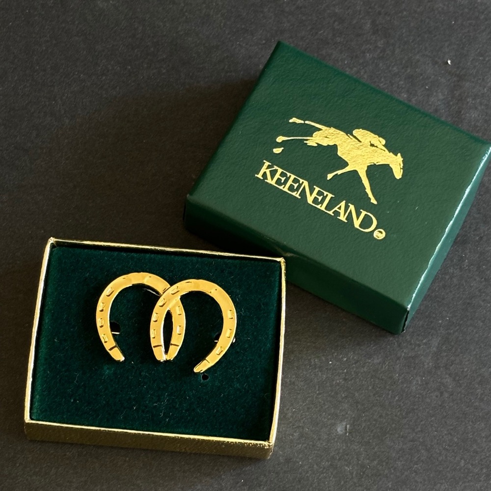 Keeneland Double Horseshoe Brooch Pin Gold Tone Equestrian Horse Racing Boxed